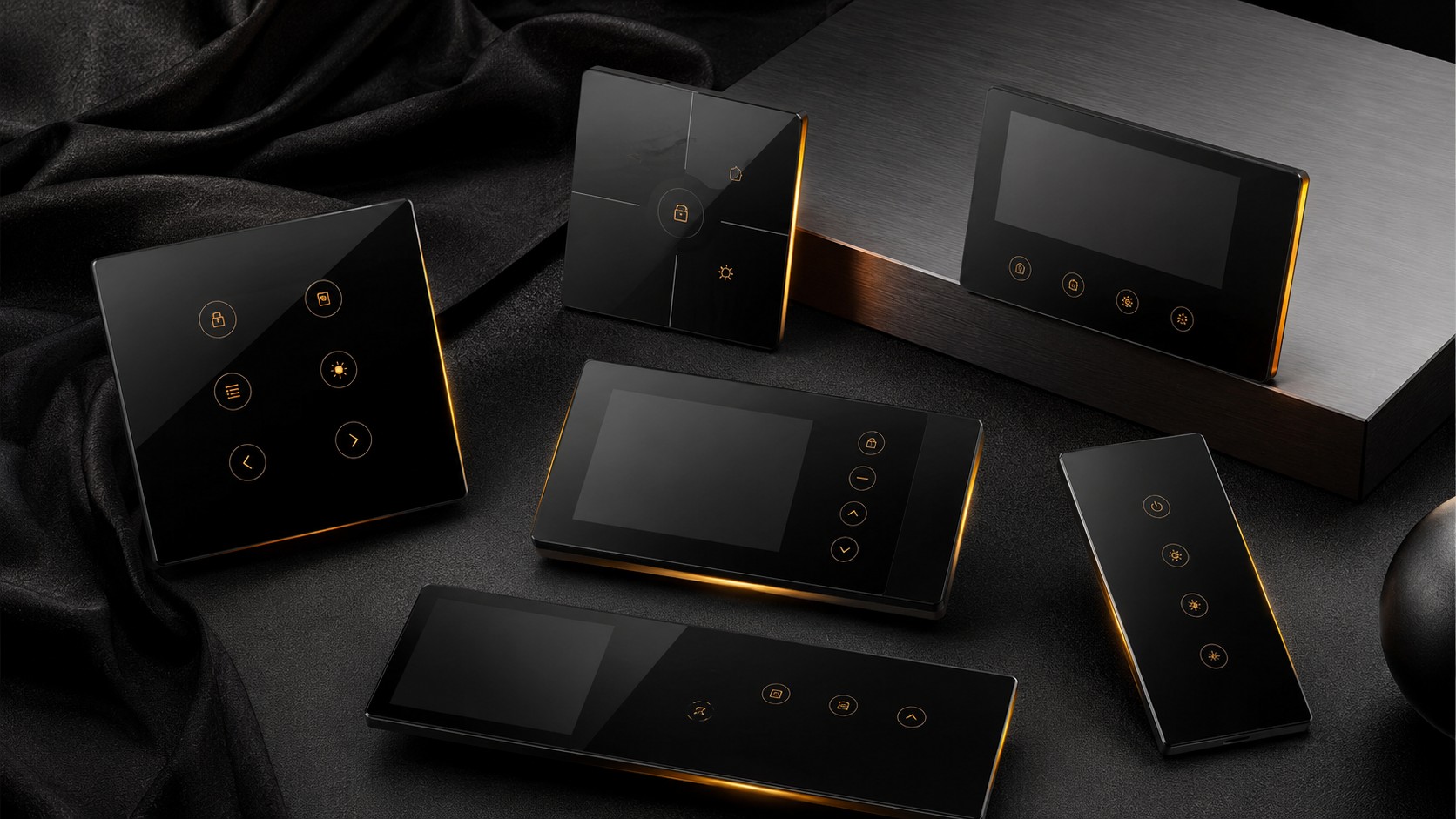 Original proposal product collection: six black glass touch panels with gold edges